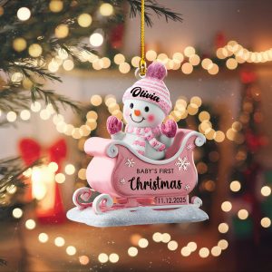 Baby’s First Christmas Ornament 2025, Personalized Snowman Ornament, Custom Pink Sleigh Decoration, Custom Christmas, New Baby Holiday Gift - Image 2
