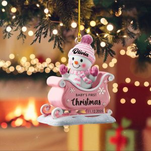 Baby’s First Christmas Ornament 2025, Personalized Snowman Ornament, Custom Pink Sleigh Decoration, Custom Christmas, New Baby Holiday Gift - Image 3