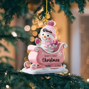 Baby’s First Christmas Ornament 2025, Personalized Snowman Ornament, Custom Pink Sleigh Decoration, Custom Christmas, New Baby Holiday Gift - Image 4