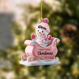 Baby’s First Christmas Ornament 2025, Personalized Snowman Ornament, Custom Pink Sleigh Decoration, Custom Christmas, New Baby Holiday Gift - Image 5