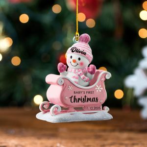 Baby’s First Christmas Ornament 2025, Personalized Snowman Ornament, Custom Pink Sleigh Decoration, Custom Christmas, New Baby Holiday Gift - Image 6