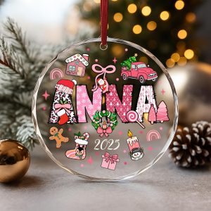 Custom Kids Christmas Ornament 2025 • Personalized Pink Holiday Keepsake • Cute Santa, Reindeer, Gingerbread Tree Gift - Image 1