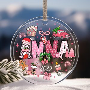Custom Kids Christmas Ornament 2025 • Personalized Pink Holiday Keepsake • Cute Santa, Reindeer, Gingerbread Tree Gift - Image 2