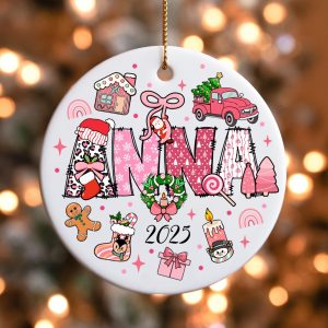 Custom Kids Christmas Ornament 2025 • Personalized Pink Holiday Keepsake • Cute Santa, Reindeer, Gingerbread Tree Gift - Image 4