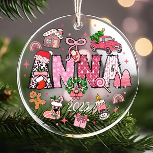 Custom Kids Christmas Ornament 2025 • Personalized Pink Holiday Keepsake • Cute Santa, Reindeer, Gingerbread Tree Gift - Image 7