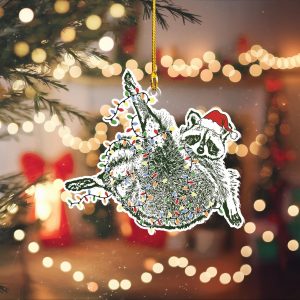 Feral Raccoon Ornament, Raccoon Santa Hat Christmas 2d Acrylic Ornament, Funny Raccoon Ornament, Raccoon Gift, Raccoon Christmas Ornament - Image 1