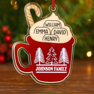 Hot Cocoa Family Christmas Ornament 2025 – Custom Name Holiday Mug Decoration – Cute Matching Cocoa Cup Gift – Personalized Family Keepsake - Image 1