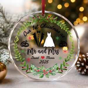 Our First Christmas as Mr Mrs Ornament 2025, Personalized Wedding Keepsake with Names, Newlywed Couple Gift, Custom Married Xmas Decoration - Image 1