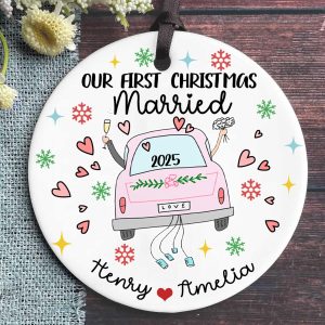 Our First Christmas Married Ornament 2025, Custom Just Married Gift for Couple, Personalized Newlywed Keepsake, Wedding Car Christmas Decor - Image 2