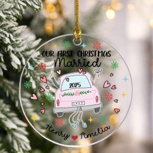 Our First Christmas Married Ornament 2025, Custom Just Married Gift for Couple, Personalized Newlywed Keepsake, Wedding Car Christmas Decor - Image 5