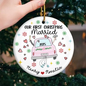 Our First Christmas Married Ornament 2025, Custom Just Married Gift for Couple, Personalized Newlywed Keepsake, Wedding Car Christmas Decor - Image 7