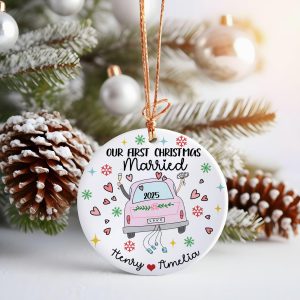 Our First Christmas Married Ornament 2025, Custom Just Married Gift for Couple, Personalized Newlywed Keepsake, Wedding Car Christmas Decor - Image 9