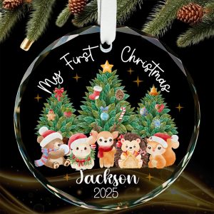 Personalized Baby’s First Christmas Ornament 2025, Custom Woodland Animal Keepsake, Newborn Name Holiday Tree Decoration - Image 1