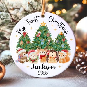 Personalized Baby’s First Christmas Ornament 2025, Custom Woodland Animal Keepsake, Newborn Name Holiday Tree Decoration - Image 2