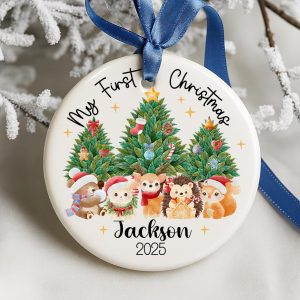 Personalized Baby’s First Christmas Ornament 2025, Custom Woodland Animal Keepsake, Newborn Name Holiday Tree Decoration - Image 4