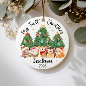 Personalized Baby’s First Christmas Ornament 2025, Custom Woodland Animal Keepsake, Newborn Name Holiday Tree Decoration - Image 6