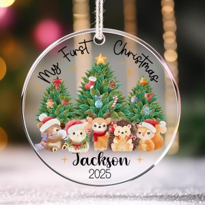 Personalized Baby’s First Christmas Ornament 2025, Custom Woodland Animal Keepsake, Newborn Name Holiday Tree Decoration - Image 7