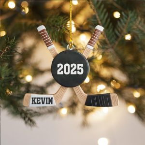 Personalized Hockey Ornament 2025, Custom Name Hockey Sticks And Puck Christmas Decoration, Hockey Player Gift, Sports Tree Keepsake - Image 1